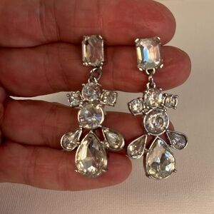 Rhinestone Long Dangly Drop pierced earrings silver chandelier evening dressy